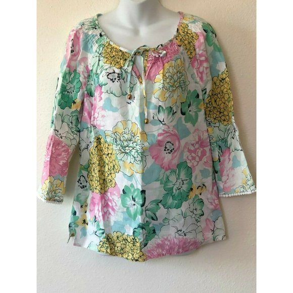 Charter Club Luxury Linen Tunic Blouse Lace XS Extra Small Boho Lagenlook Floral - Picture 1 of 7